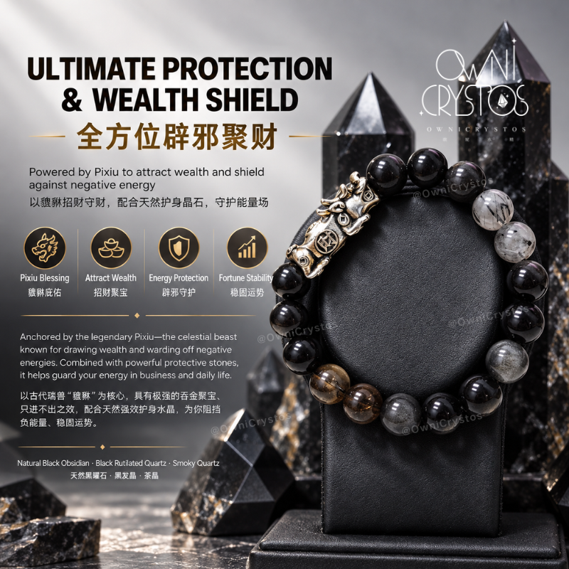 Wealth PiXiu Natural crystal bracelet unisex Black Rutilated obsidian Smoky Quartz