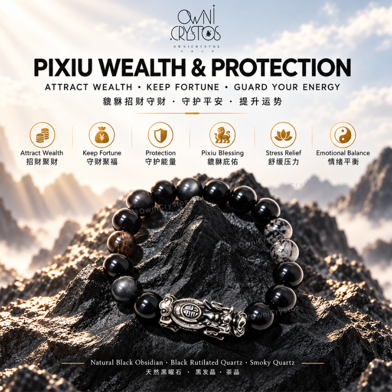 Wealth PiXiu Natural crystal bracelet unisex Black Rutilated obsidian Smoky Quartz