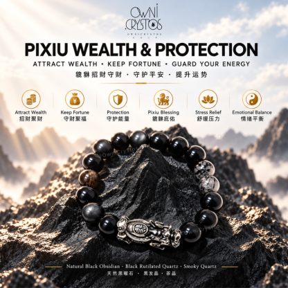 Wealth PiXiu Natural crystal bracelet unisex Black Rutilated obsidian Smoky Quartz