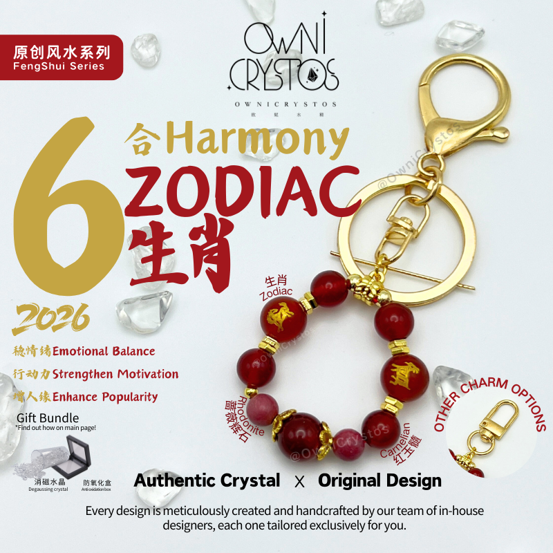2026 Zodiac FengShui Carnelian Rhodonite Natural crystal bag charm keychain unisex