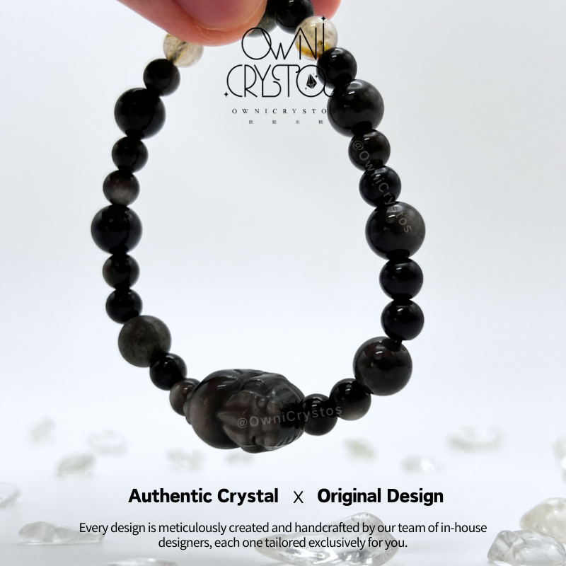Wealth Protection PiXiu Natural crystal bracelet unisex obsidian gold rutilated quartz