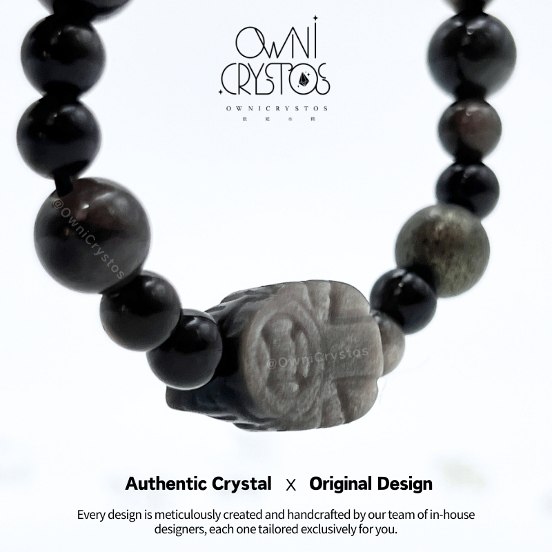 Wealth Protection PiXiu Natural crystal bracelet unisex obsidian gold rutilated quartz