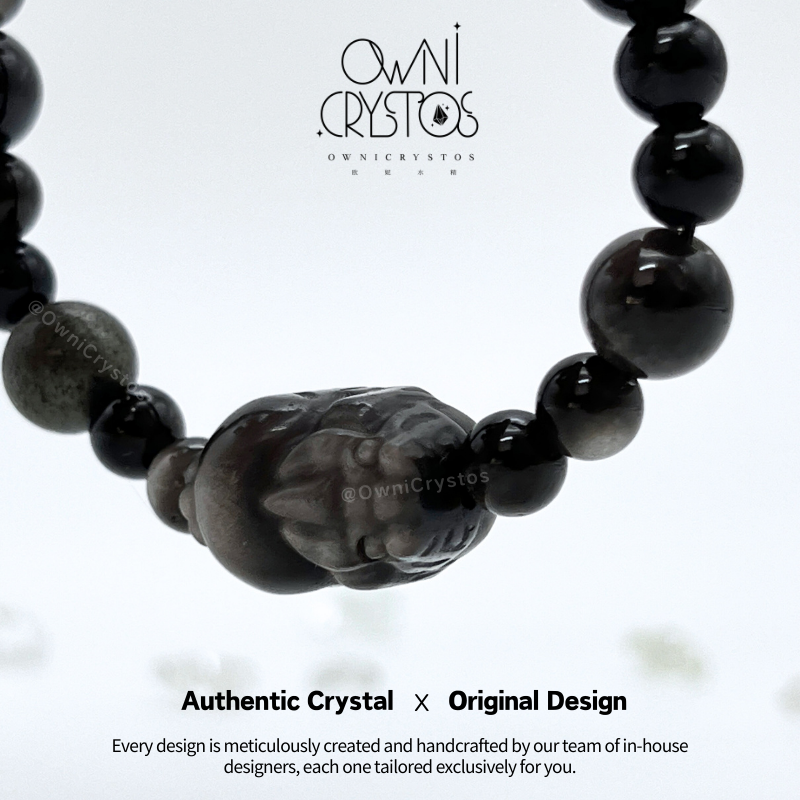 Wealth Protection PiXiu Natural crystal bracelet unisex obsidian gold rutilated quartz