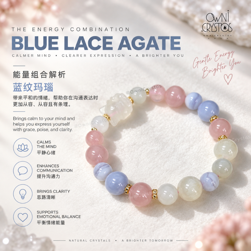 OwniCrystos Nine Tail Fox Love Wealth Natural crystal bracelet blue lace agate Moonstone Rose Quartz