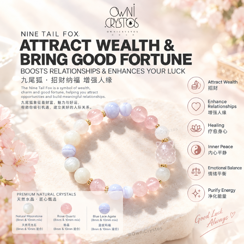 OwniCrystos Nine Tail Fox Love Wealth Natural crystal bracelet blue lace agate Moonstone Rose Quartz