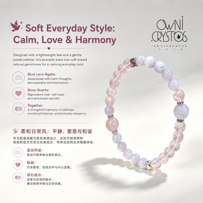Love & Balance Blue lace agate Rose quartz Natural Crystal bracelet for woman gift OwniCrystos