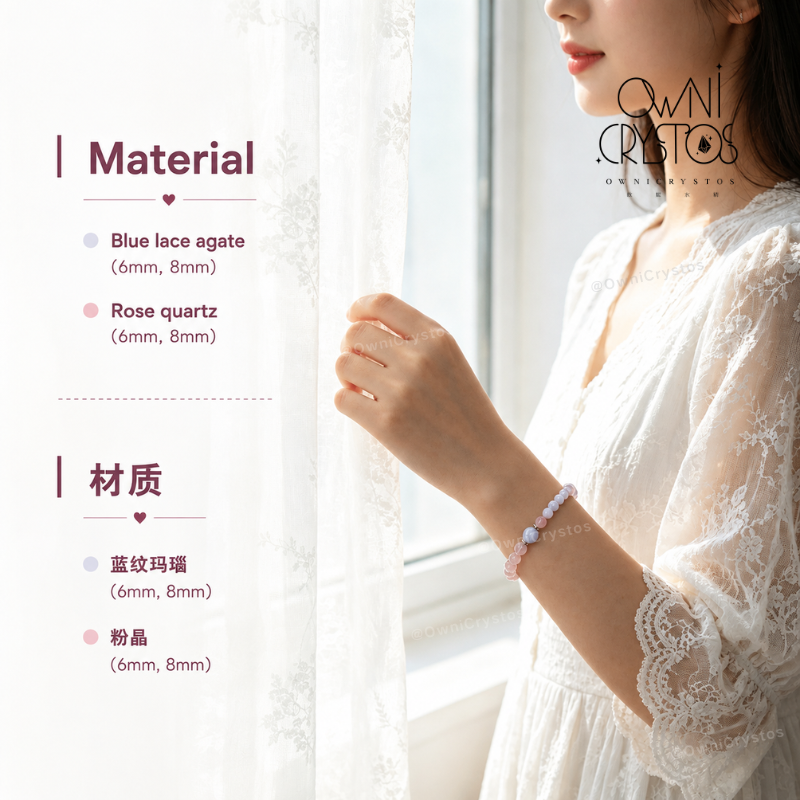 Love & Balance Blue lace agate Rose quartz Natural Crystal bracelet for woman gift OwniCrystos
