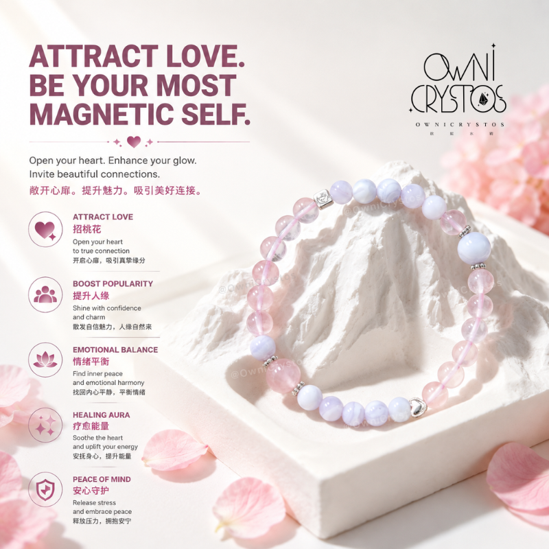 Love & Balance Blue lace agate Rose quartz Natural Crystal bracelet for woman gift OwniCrystos