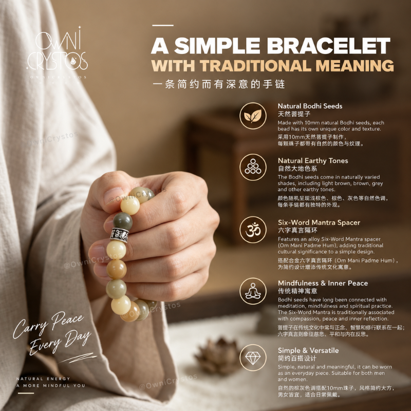 Peace & Protection Six-Word Mantra FengShui Natural Bodhi Bracelet unisex