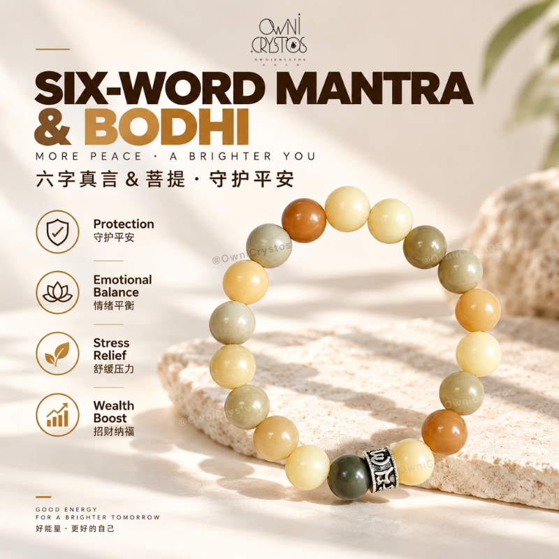 Peace & Protection Six-Word Mantra FengShui Natural Bodhi Bracelet unisex