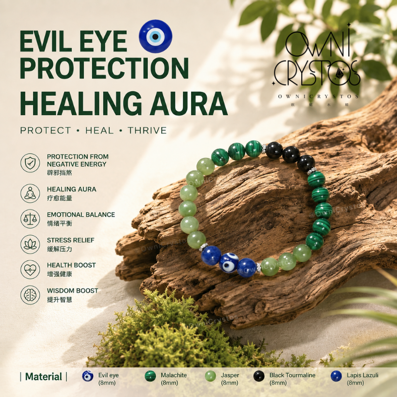 OwniCrystos Evil Eye Protector Malachite Jasper Tourmaline Lapis lazuli Natural crystal bracelet