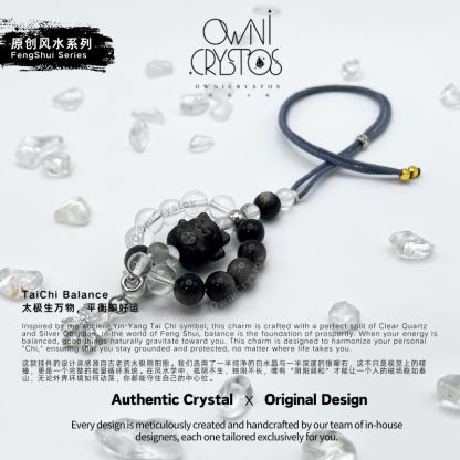 FengShui Energy Balance Lucky Cat Natural crystal bag charm unisex obsidian clear quartz