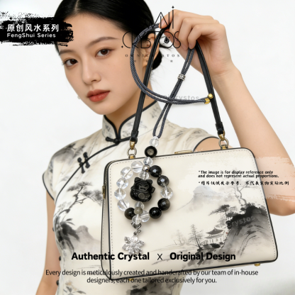 FengShui Energy Balance Lucky Cat Natural crystal bag charm unisex obsidian clear quartz