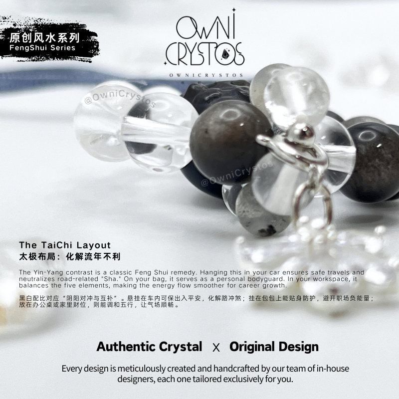 FengShui Energy Balance Lucky Cat Natural crystal bag charm unisex obsidian clear quartz
