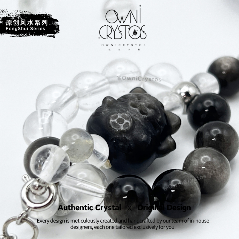 FengShui Energy Balance Lucky Cat Natural crystal bag charm unisex obsidian clear quartz