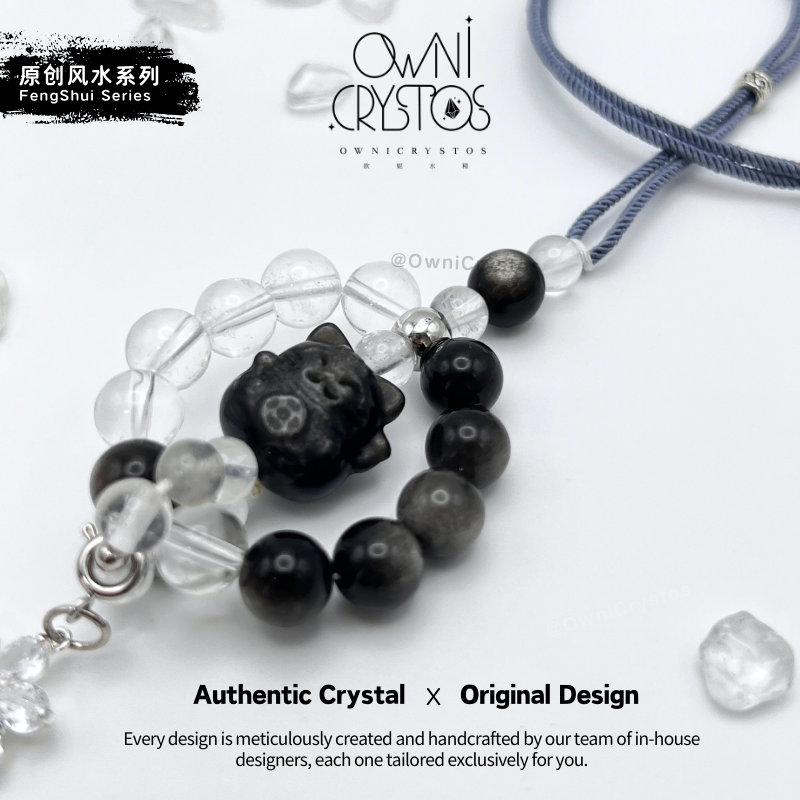 FengShui Energy Balance Lucky Cat Natural crystal bag charm unisex obsidian clear quartz