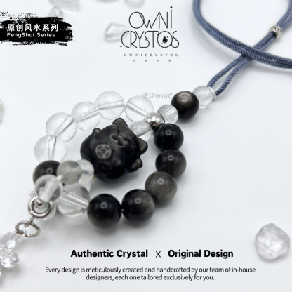 FengShui Energy Balance Lucky Cat Natural crystal bag charm unisex obsidian clear quartz