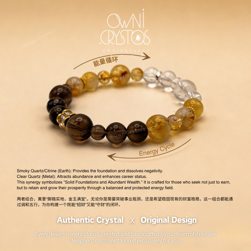 Fortune Booster Citrine Clear Smoky Quartz Natural crystal bracelet unisex