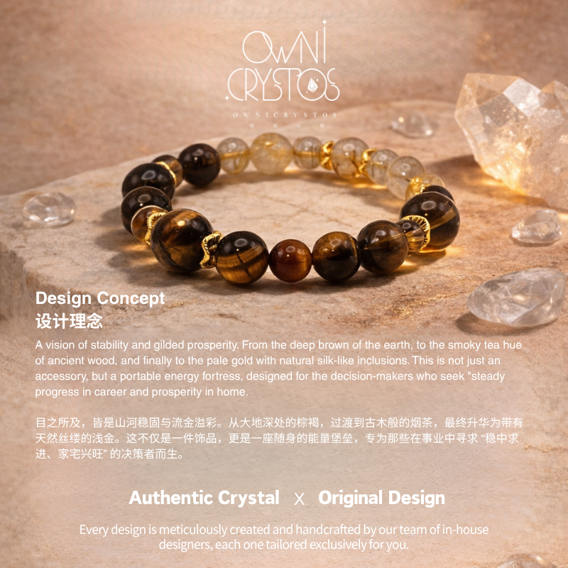 Wealth Courage Natural crystal bracelet Gold Rutilated smoky quartz Tiger Eyes unisex