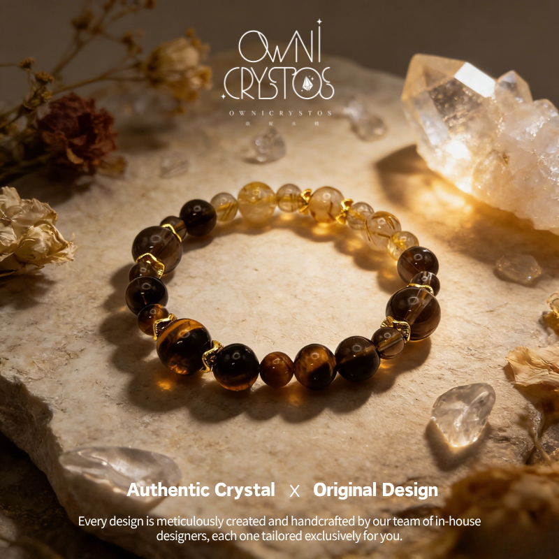 Wealth Courage Natural crystal bracelet Gold Rutilated smoky quartz Tiger Eyes unisex