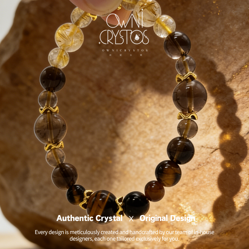 Wealth Courage Natural crystal bracelet Gold Rutilated smoky quartz Tiger Eyes unisex