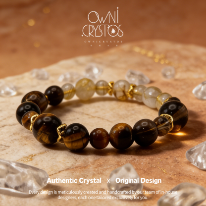 Wealth Courage Natural crystal bracelet Gold Rutilated smoky quartz Tiger Eyes unisex