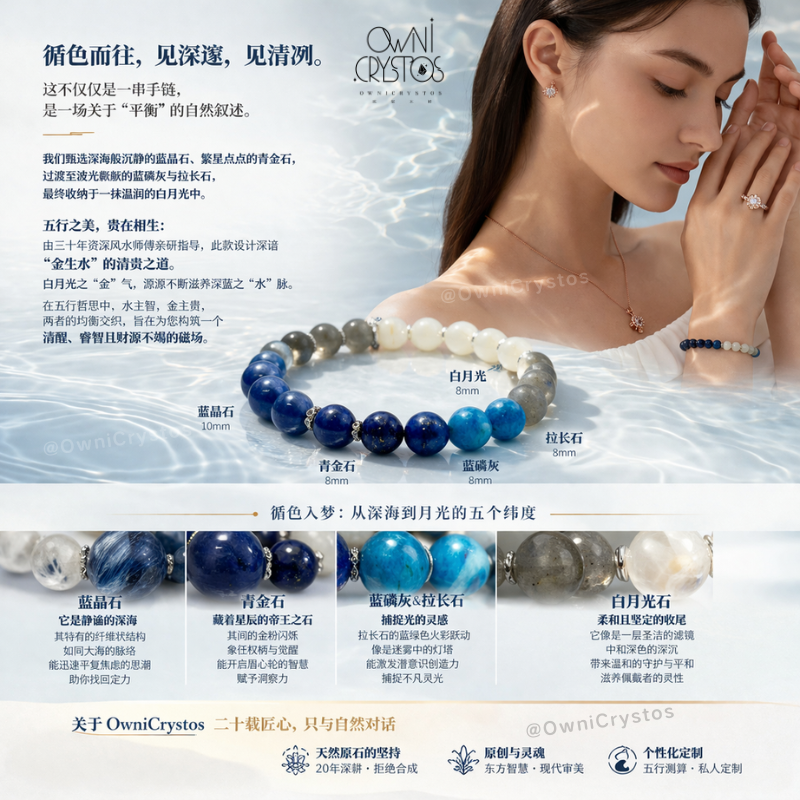 Water Element crystal Kyanite Blue Apatite Lapis Lazuli Moonstone unisex bracelet