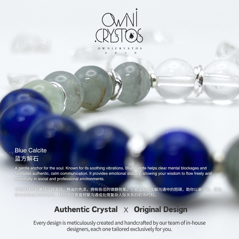 Wisdom Healing Lapis lazuli Blue Calcite Clear quartz Natural Crystal bracelet unisex