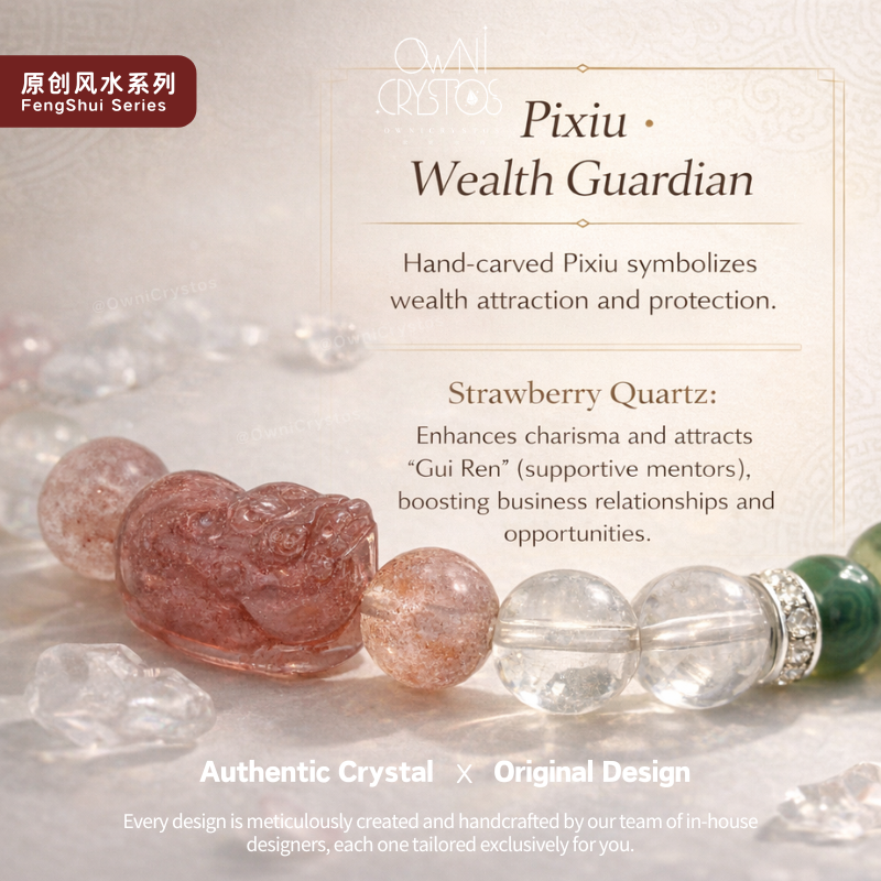 Wealth PiXiu Malachite Strawberry Clear Quartz Prehnite Natural crystal bracelet woman