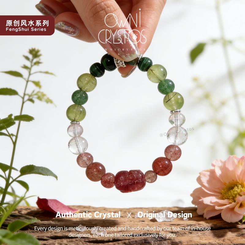 Wealth PiXiu Malachite Strawberry Clear Quartz Prehnite Natural crystal bracelet woman