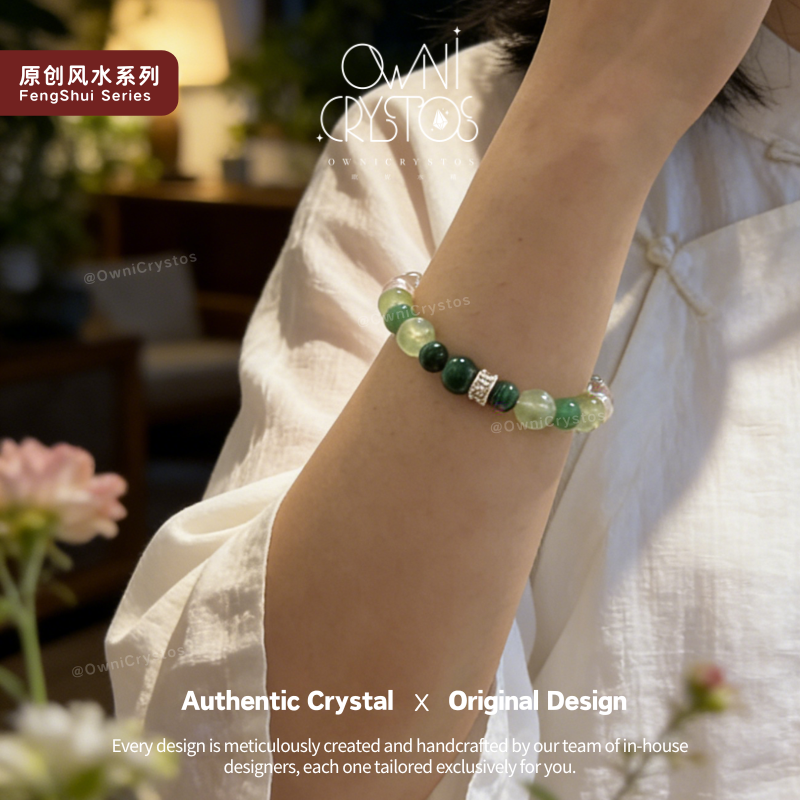 Wealth PiXiu Malachite Strawberry Clear Quartz Prehnite Natural crystal bracelet woman