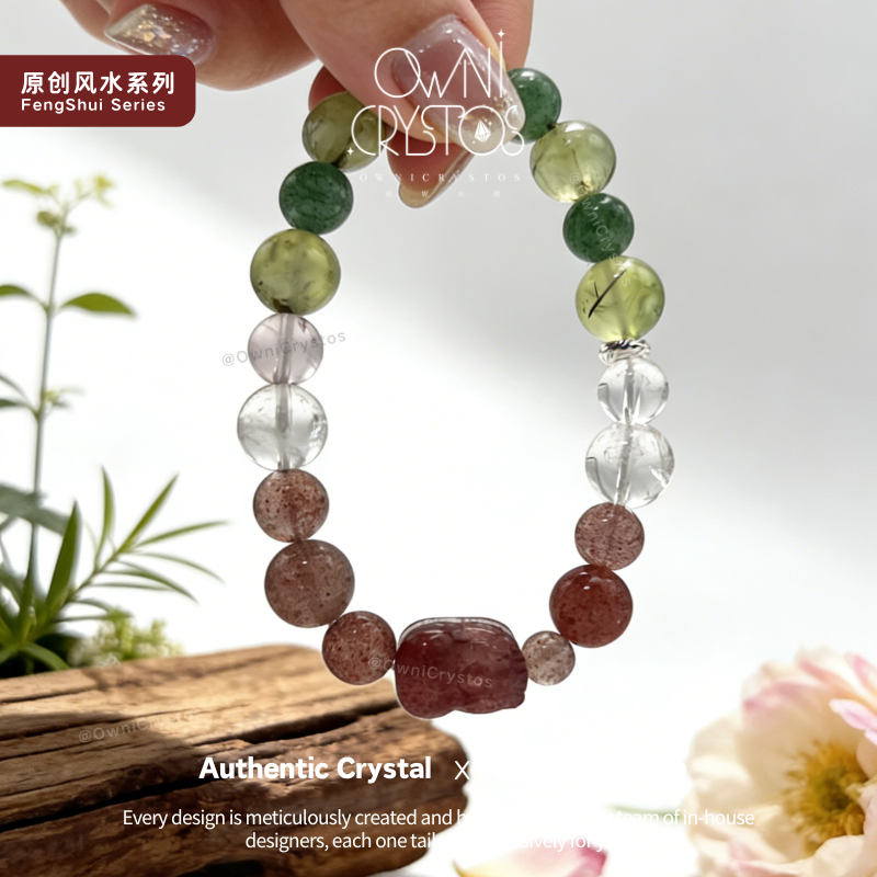 Wealth PiXiu Malachite Strawberry Clear Quartz Prehnite Natural crystal bracelet woman