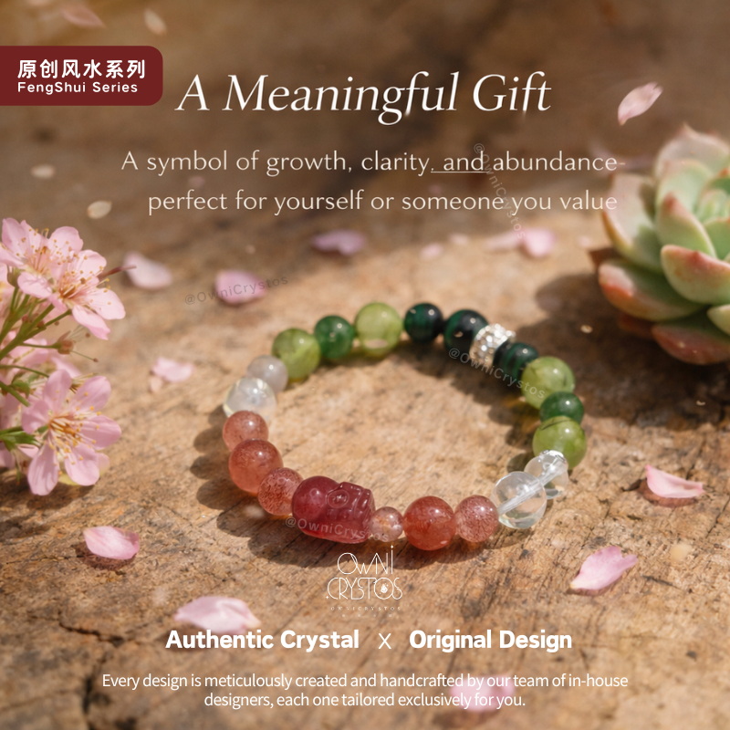 Wealth PiXiu Malachite Strawberry Clear Quartz Prehnite Natural crystal bracelet woman