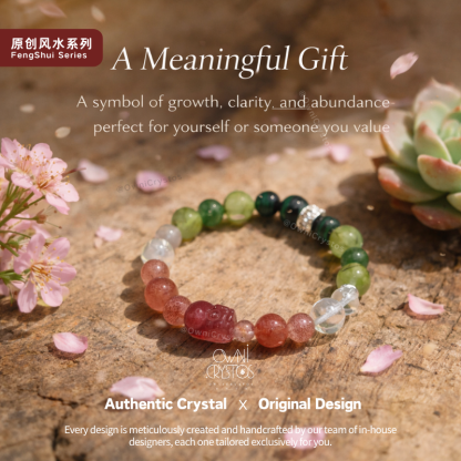 Wealth PiXiu Malachite Strawberry Clear Quartz Prehnite Natural crystal bracelet woman