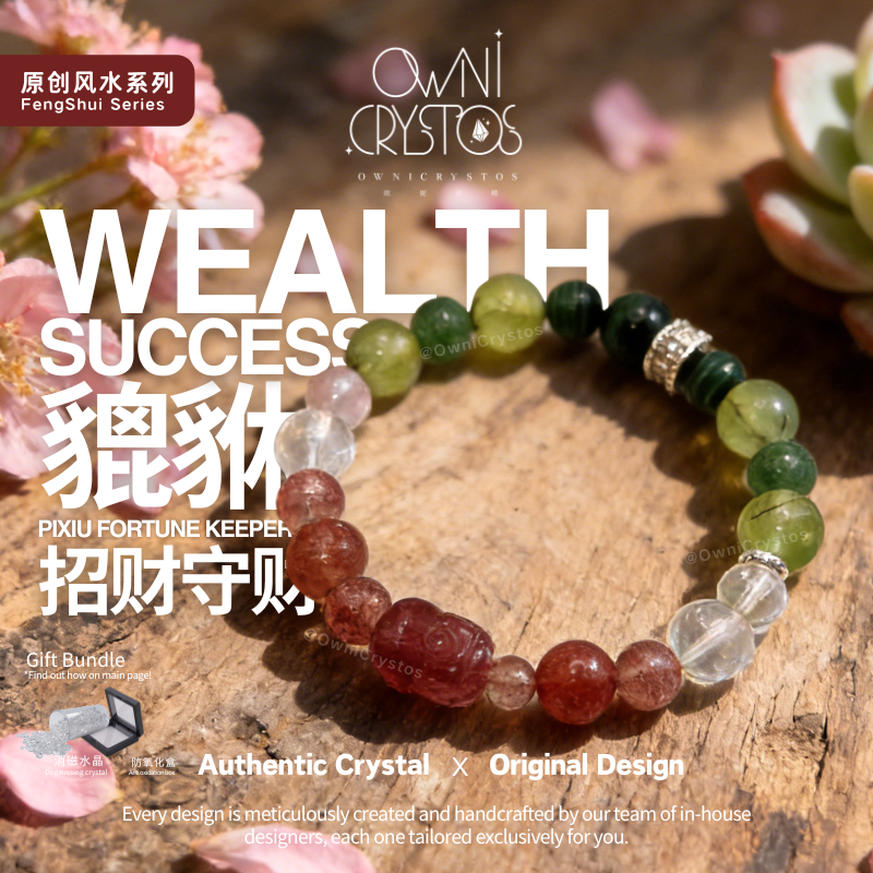 Wealth PiXiu Malachite Strawberry Clear Quartz Prehnite Natural crystal bracelet 貔貅招财守财 天然水晶风水手链