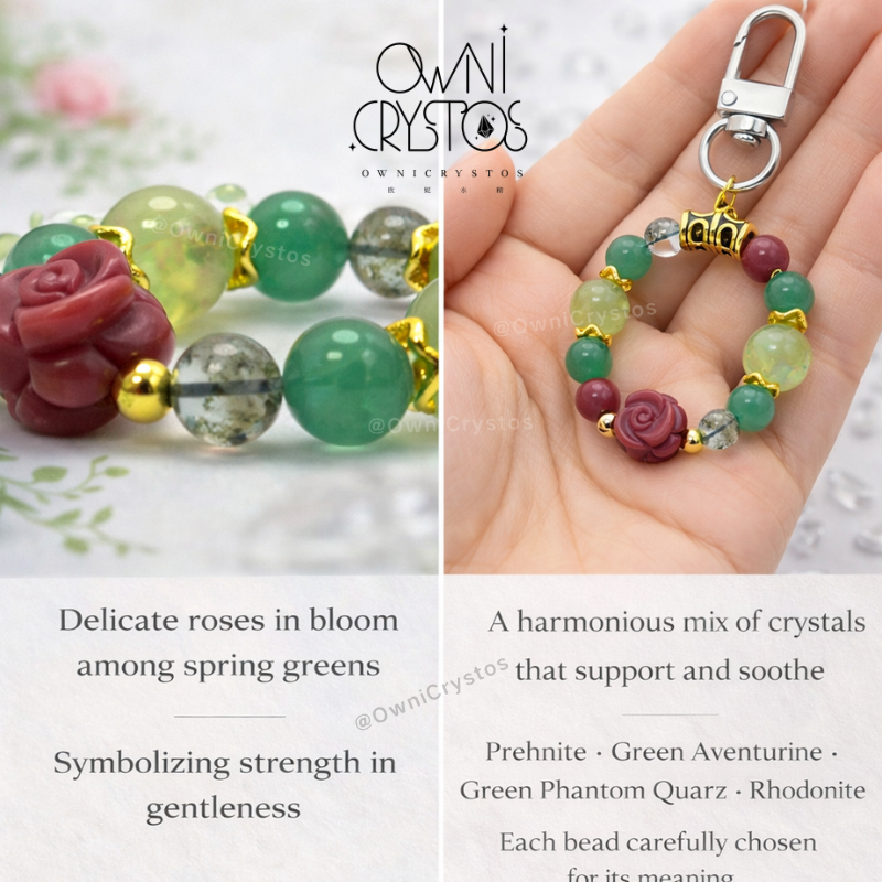 Health Love Natural crystal bag charm Prehnite Green aventurine Green phantom Rhodonite