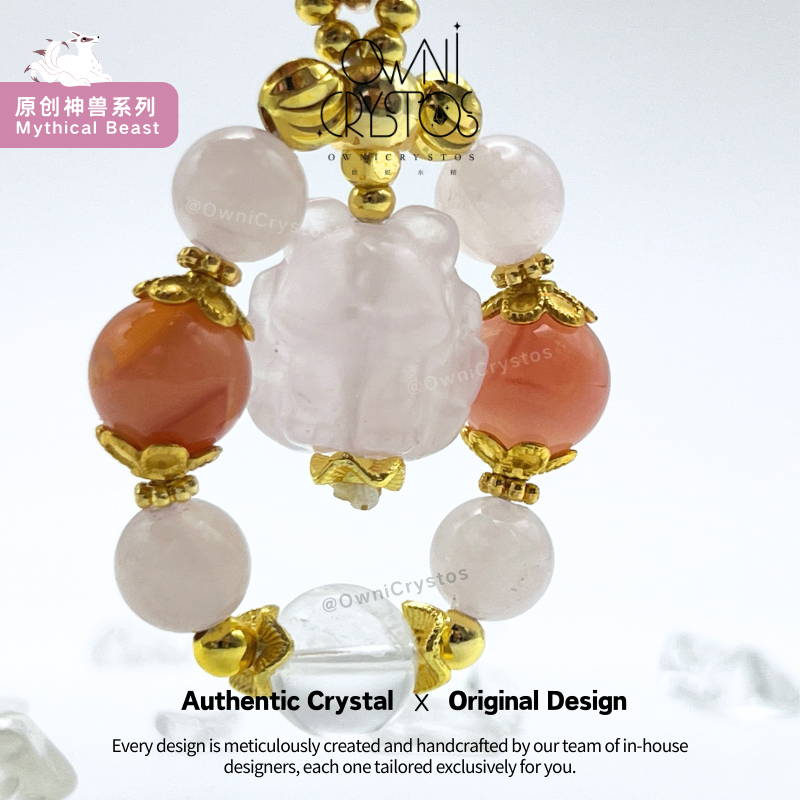 Nine Tail Fox Natural Crystal for Love Bag Charm Clear Quartz Rose Quartz Agate