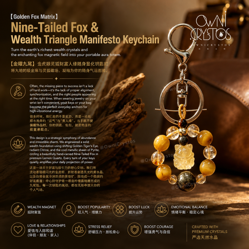 Nine Tail Fox Wealth Courage Pyrite Tiger Eyes Citrine Natural crystal Bag Charm Unisex