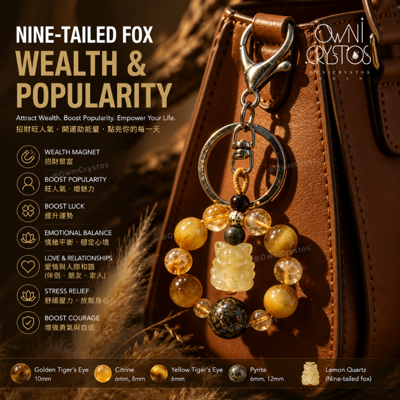 Nine Tail Fox Wealth Courage Pyrite Tiger Eyes Citrine Natural crystal Bag Charm Unisex