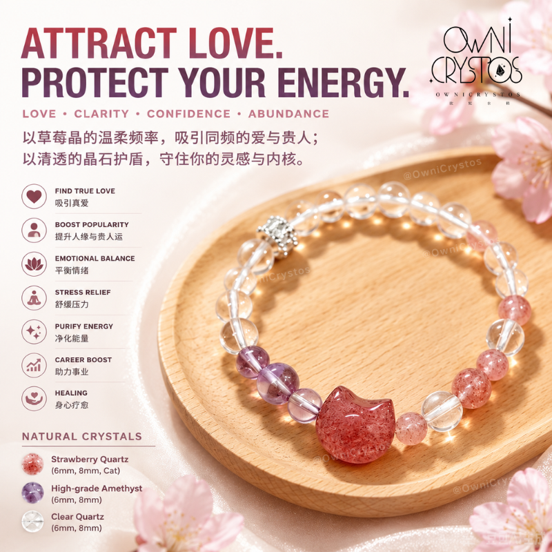 Love Career Boost clear Strawberry Quartz Amethyst Natural crystal bracelet for woman