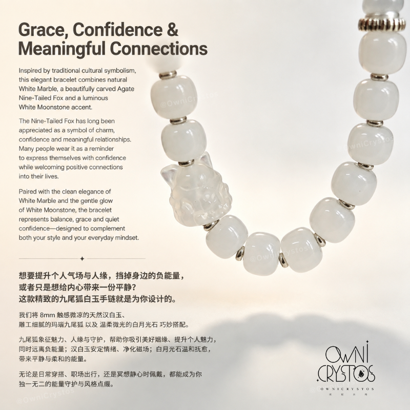 Nine Tail Fox Natural crystal white Marble Moonstone Agate for woman gift present