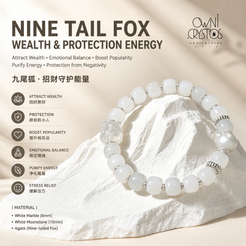 Nine Tail Fox Natural crystal white Marble Moonstone Agate for woman gift present
