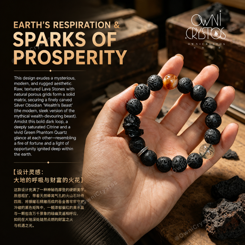 Wealth Beast Lava stone Citrine Green phantom quartz Obsidain Natural Crystal unisex
