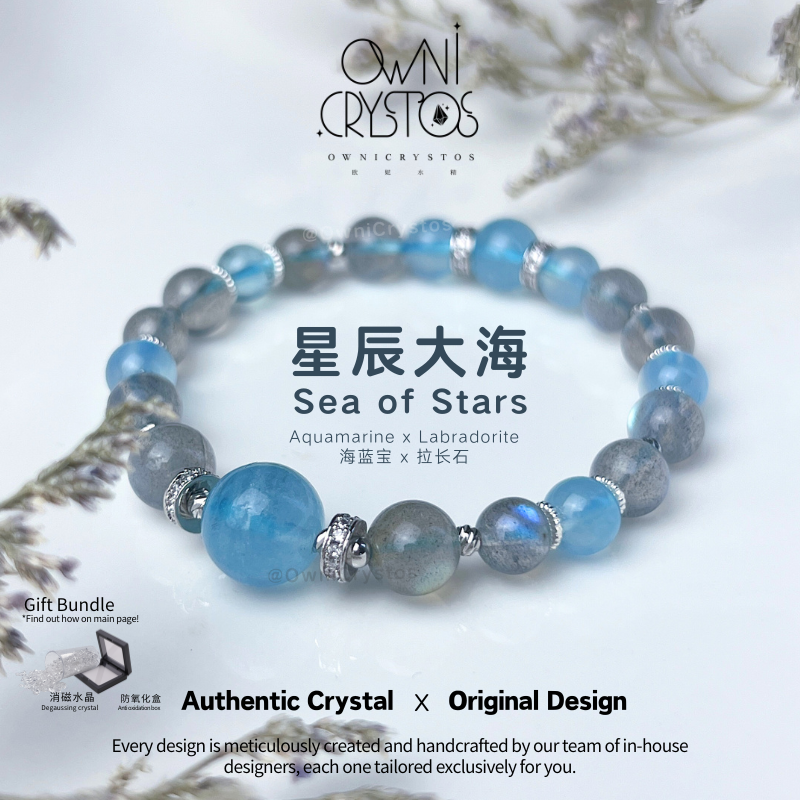 Aquamarine Labradorite natural feng shui crystal bracelet boost wisdom & Relief stress tension