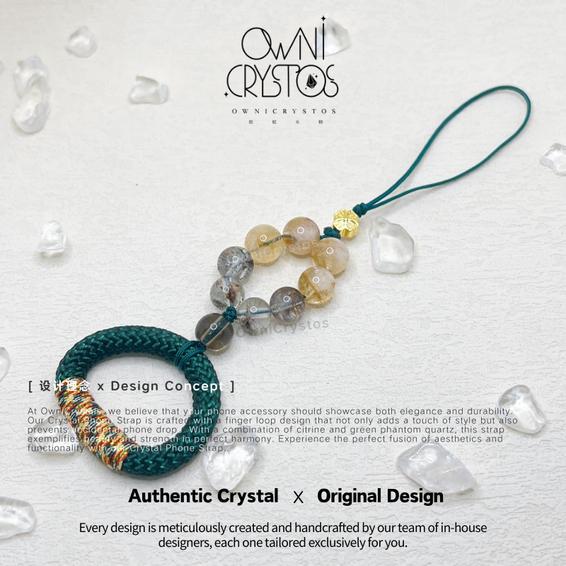 Fortune Booster Green Phantom Quartz Citrine Phone Strap with Finger Loop