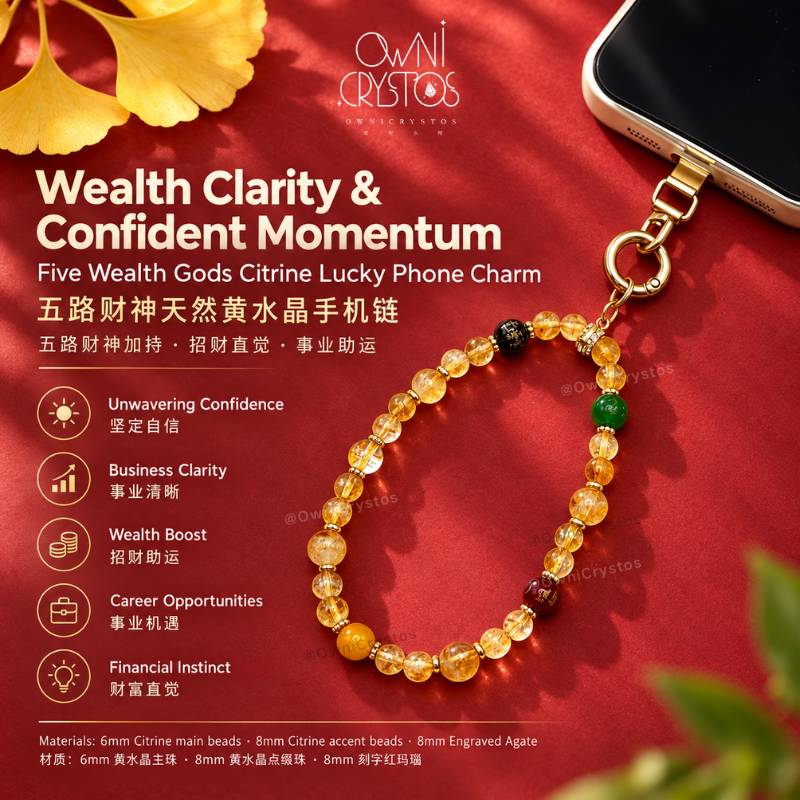 2027 Five Gods of Wealth Natural crystal phone strap Citrine Agate gift present CNY
