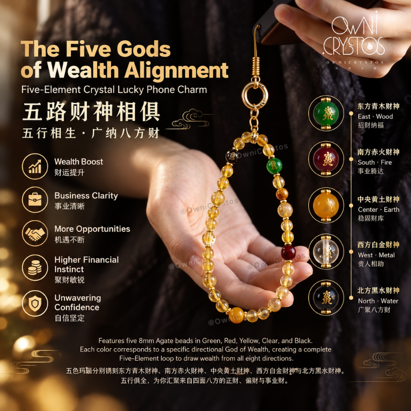 2027 Five Gods of Wealth Natural crystal phone strap Citrine Agate gift present CNY
