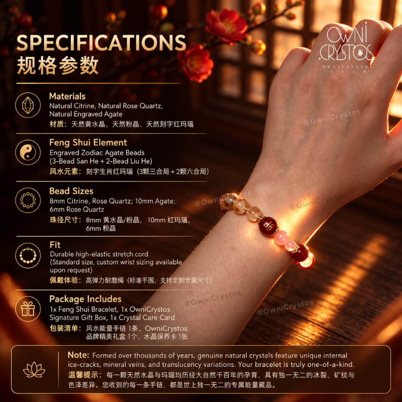 2027 Zodiac FengShui Natural crystal bracelet citrine rose quartz for woman gift cny
