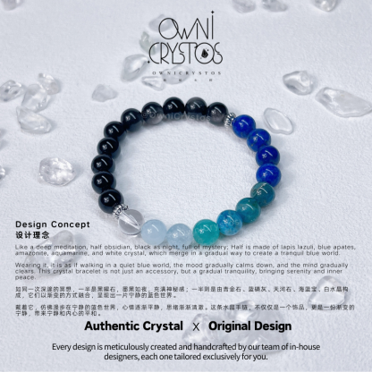 Protection Wisdom Gradient obsidian aquamarine lapis lazuli natural crystal bracelet unisex