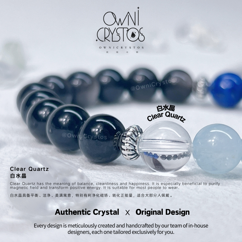 Protection Wisdom Gradient obsidian aquamarine lapis lazuli natural crystal bracelet unisex